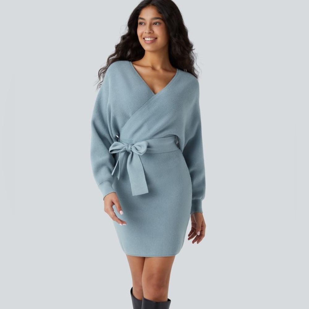 HALARA Light Blue Wrap Sweater Dress